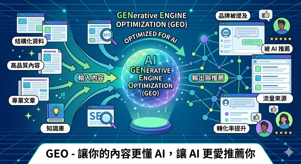 GEO 生成式引擎優化流程示意圖,說明從內容輸入到 AI 推薦輸出的關係